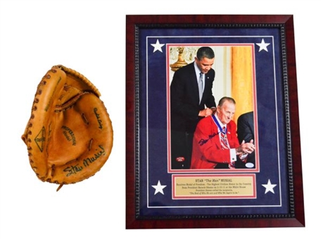 Stan Musial Lot of (2) - Signed Framed Photo w/Obama and Signed Model Glove 